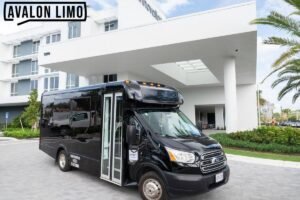 Wedding guests boarding shuttle at a Main Line fall wedding